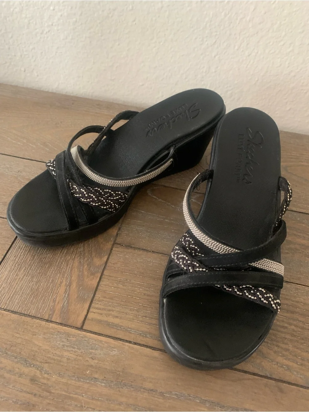 Skechers Black Wedge Slip-On Sandals with Silver Accents